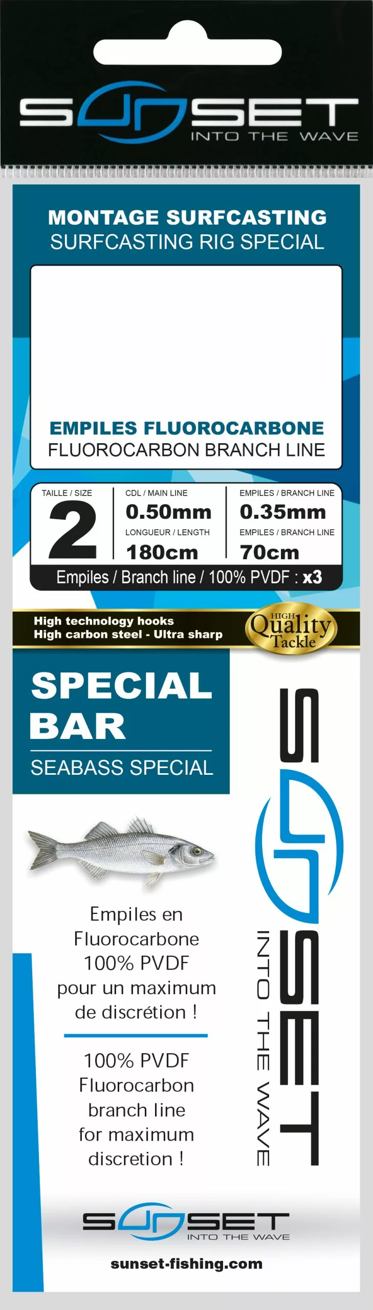 Sunset BDL Surfcasting RS Competition Special Seabass Fluorocarbon Rig 0,50mm 180cm + 3x 0,35mm 70cm (Size 2) - Afbeelding 2
